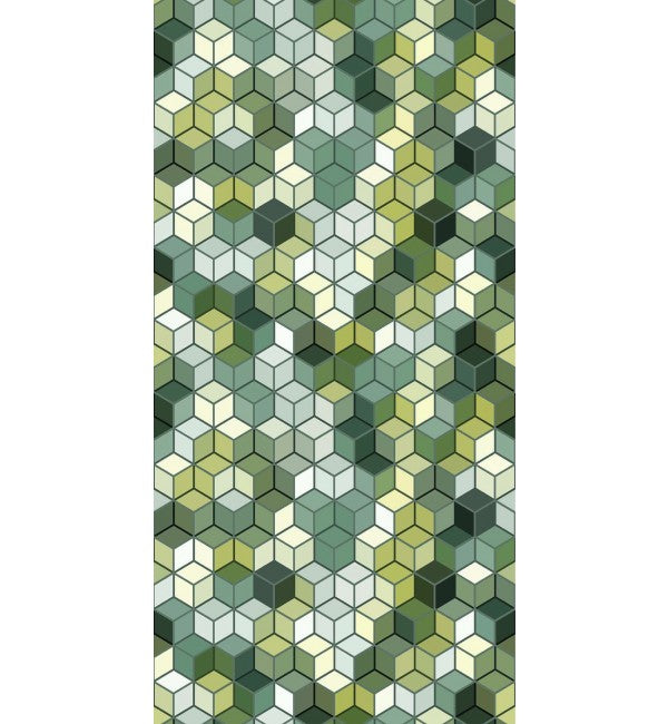 Multi-coloured 3D cube pattern on suede finish decorative laminate with geometric design and varied green hues and white