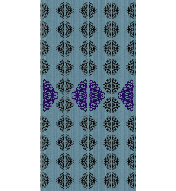 Blue decorative laminate with high gloss finish and repeating black and purple ornate pattern on textured background