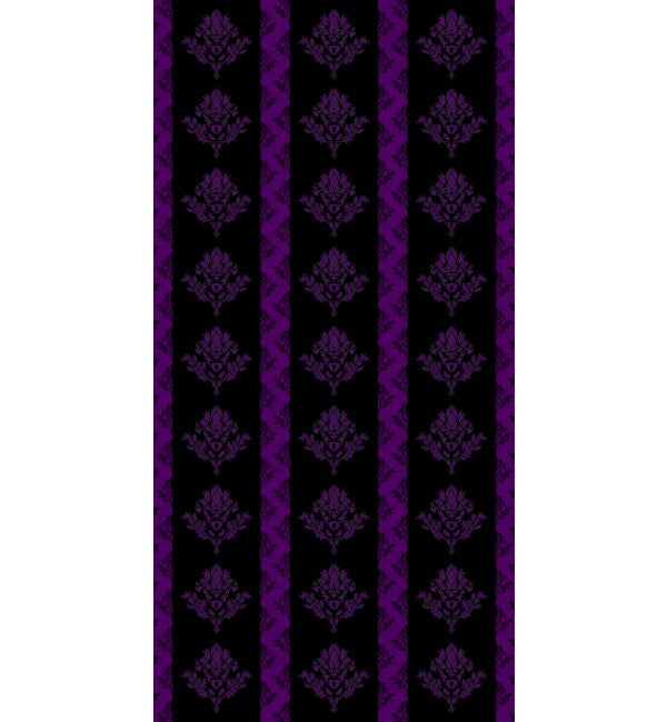 Black decorative laminate with purple floral pattern and glossy finish, showing repeating design elements and vertical