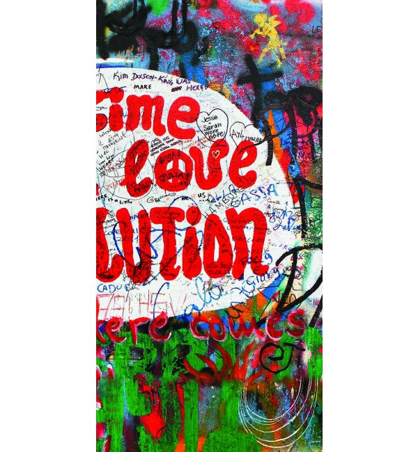 Multicolored graffiti pattern on decorative laminate with high gloss finish and bold red text overlay in abstract design