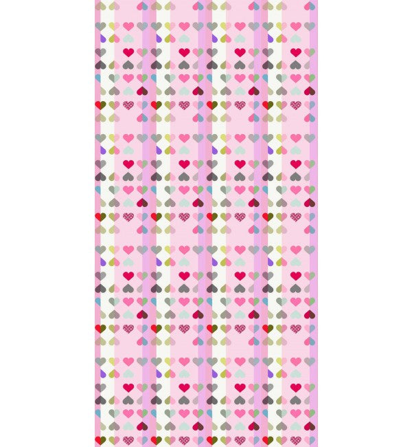 Multicolored heart pattern on pink designer laminate with high gloss finish and repeating heart design in various colors