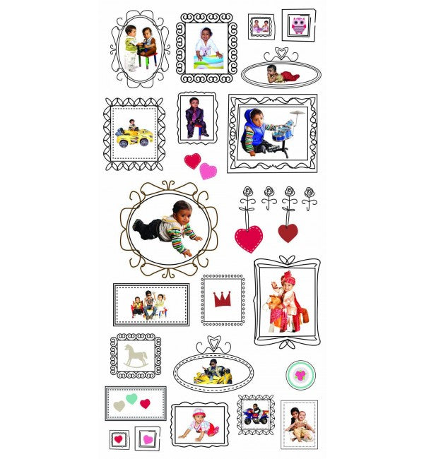 Multi-coloured decorative laminate with glossy finish, featuring framed child illustrations and heart patterns in various