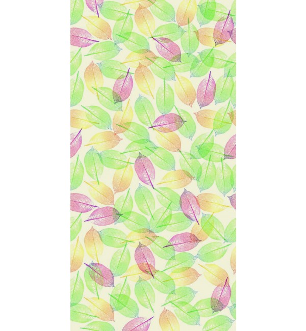 Multicoloured leaf pattern on decorative laminate with high gloss finish and cream background