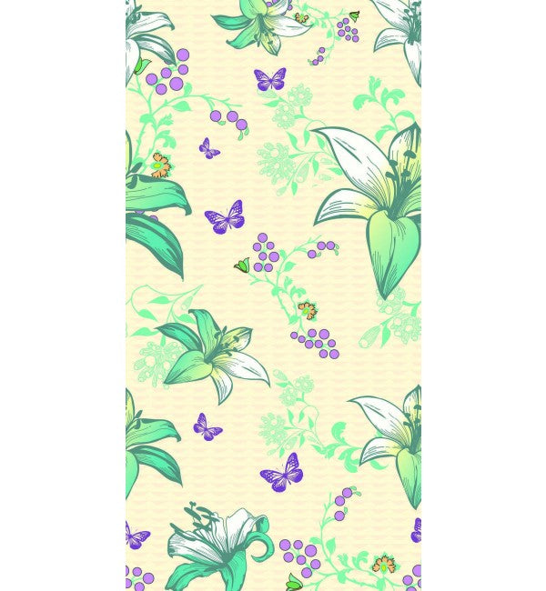 Multi-coloured floral pattern with lilies and butterflies on suede finish laminate surface, showing soft texture and subtle