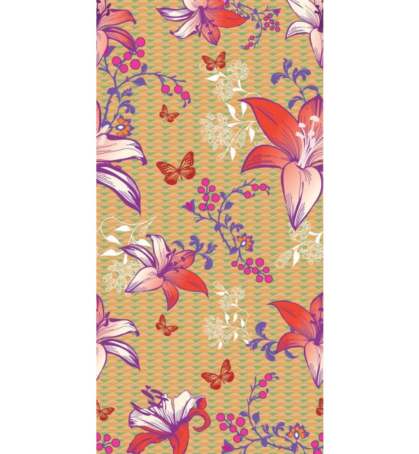 Multicolour floral decorative laminate with high gloss finish, featuring lilies, butterflies, and wavy pattern on yellow