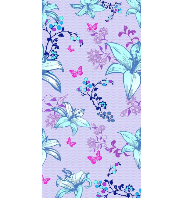 Violet floral designer laminate with lilies and butterflies, suede finish, subtle texture and pastel colors in repeating