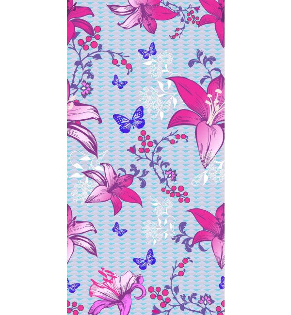 Multicolour floral designer laminate with lilies and butterflies on wavy blue background, glossy finish, vibrant pattern.