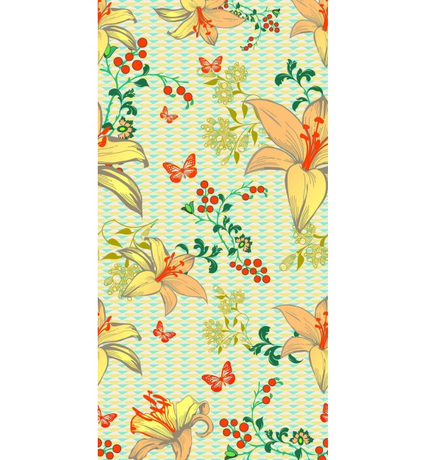 Multi-coloured floral pattern with lilies and butterflies on a suede finish decorative designer laminate surface.