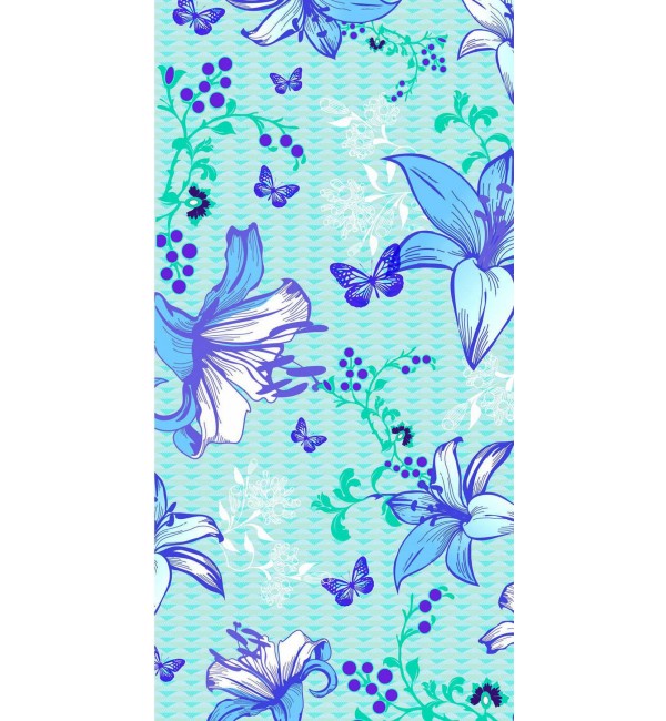 Multi-coloured floral decorative laminate with suede finish, featuring blue lilies and butterflies on wavy turquoise