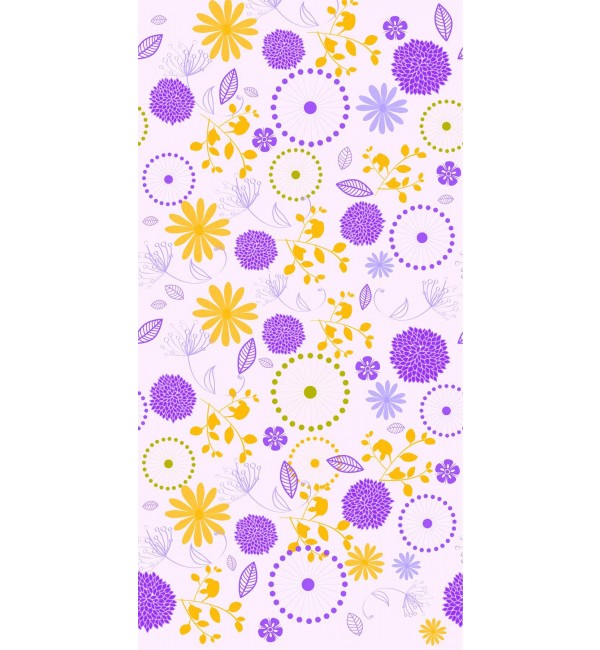 Multicolored floral pattern on decorative laminate with high gloss finish and purple, yellow flowers on light background.
