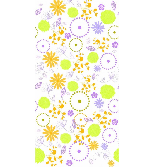 Multi-coloured floral pattern on decorative laminate with suede finish, featuring yellow, purple and green flowers and