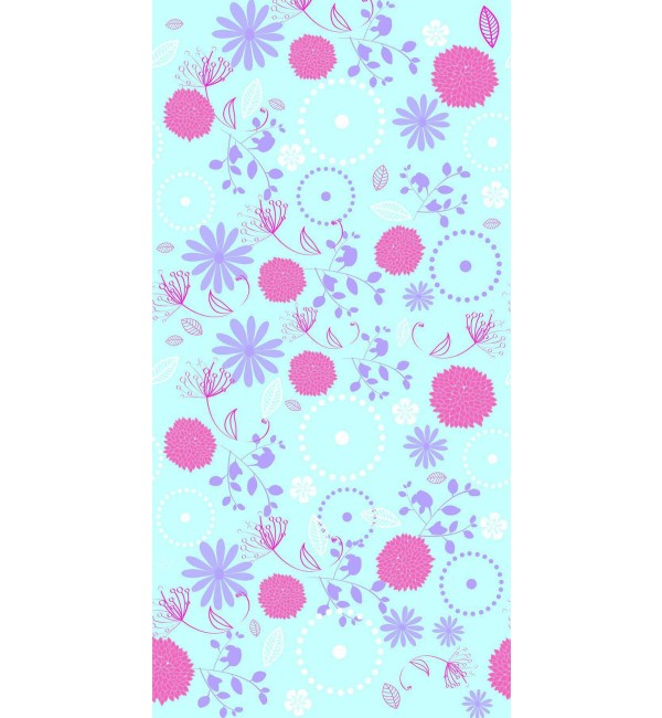 Multicolour floral pattern on suede finish decorative laminate with pink purple flowers and light blue background