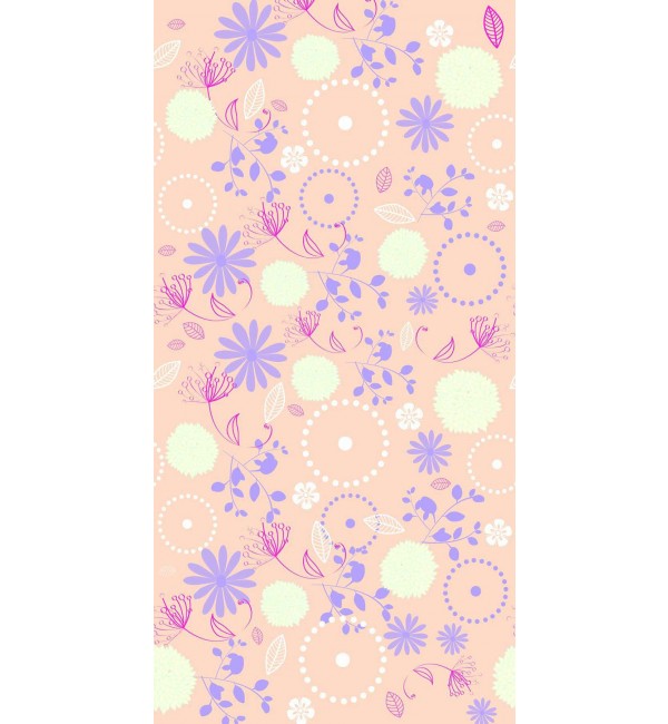 Pink floral pattern decorative laminate with suede finish, featuring purple and white flowers, leaves, and circles on peach