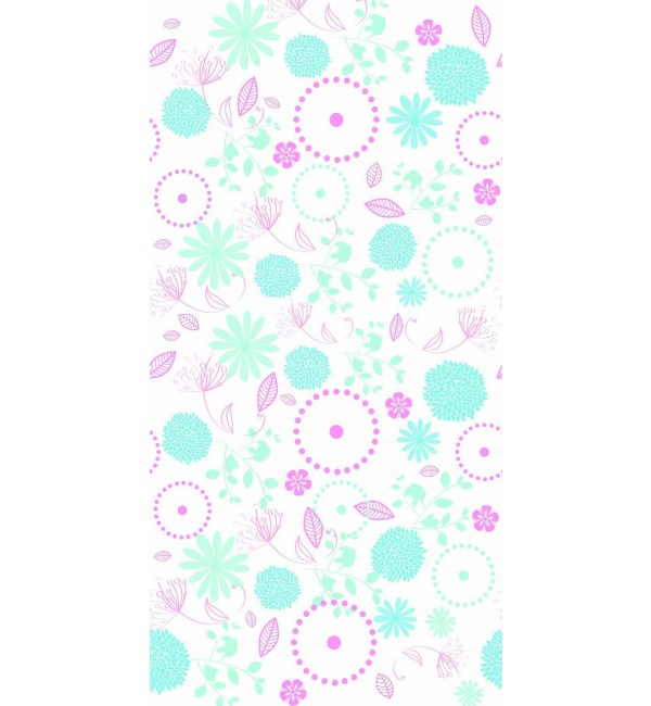 Multi-coloured floral pattern laminate with suede finish, featuring pastel pink, green and blue flowers and leaves on white