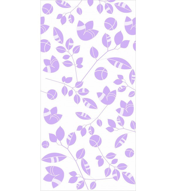 Violet floral pattern on white background, decorative designer laminate with suede finish and leaf design.