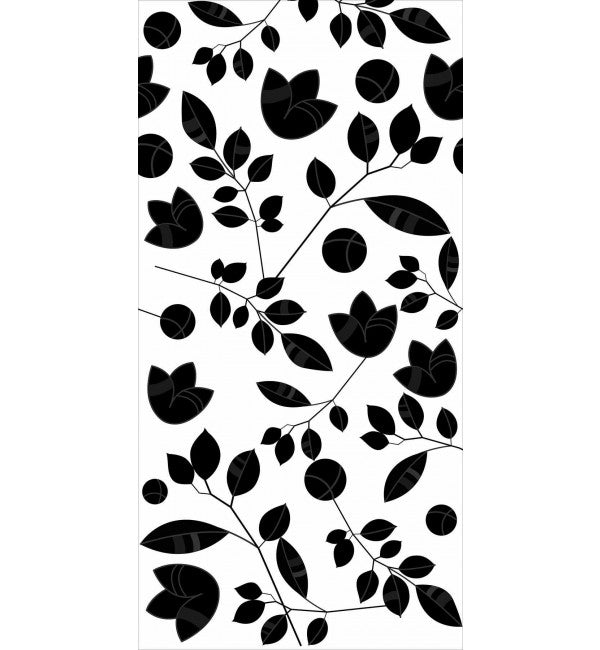 Black high gloss decorative laminate with leaf pattern and floral design on white background, showcasing designer texture