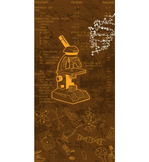 Brown suede finish decorative laminate with yellow scientific illustrations and diagrams, featuring a microscope and