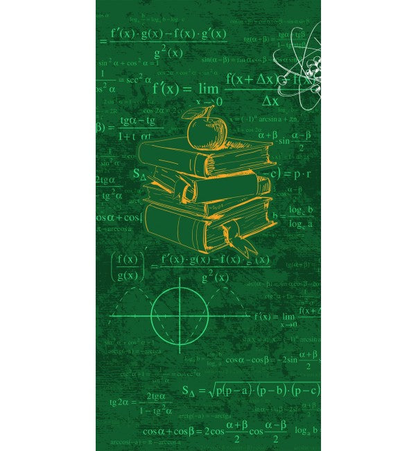 Green suede decorative laminate with yellow book and apple illustration, mathematical formulas, and atom symbol on textured