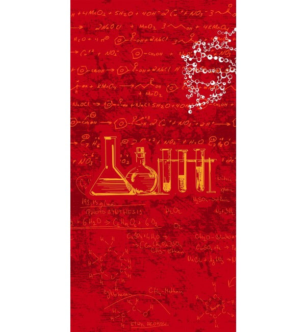 Red glossy designer laminate with chemistry-themed pattern featuring lab equipment and formulas in yellow and white