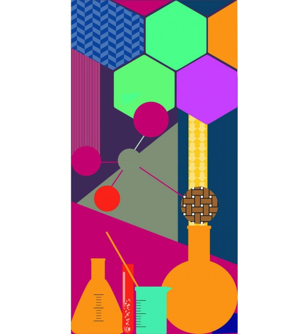 Multicolored geometric laminate with suede finish, featuring abstract shapes, lab equipment, and vibrant hues in a designer