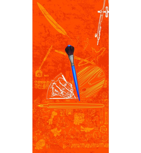 Orange high gloss decorative laminate with artistic illustrations and paintbrush design, showcasing fine arts theme and