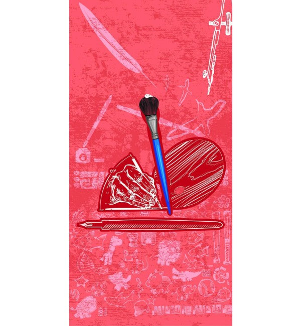 Red high gloss decorative laminate with artistic pattern, paintbrush and sword illustrations, and subtle texture visible on