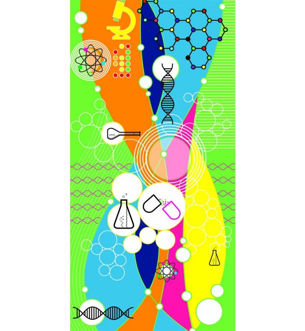 Multicolored science-themed decorative laminate with suede finish, featuring lab equipment and molecular structures in