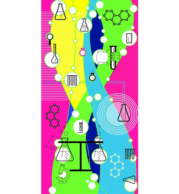 Multicolour science-themed decorative laminate with high gloss finish, featuring lab equipment and molecular structures in