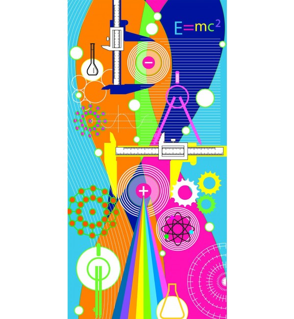 Multi-coloured science-themed decorative laminate with suede finish, featuring abstract shapes, scientific symbols and