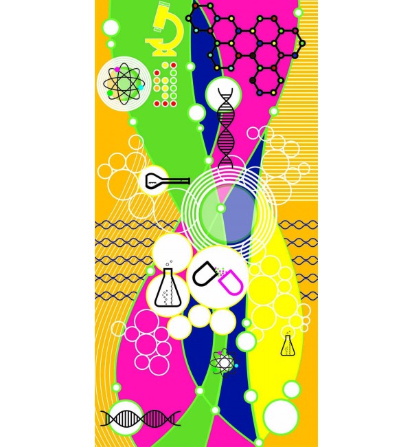 Multicolour science-themed decorative laminate with suede finish, featuring beakers, atoms and DNA patterns in vibrant hues