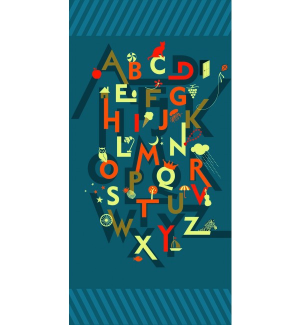 Multicolour alphabet pattern on decorative laminate with suede finish, featuring letters and icons on teal background.