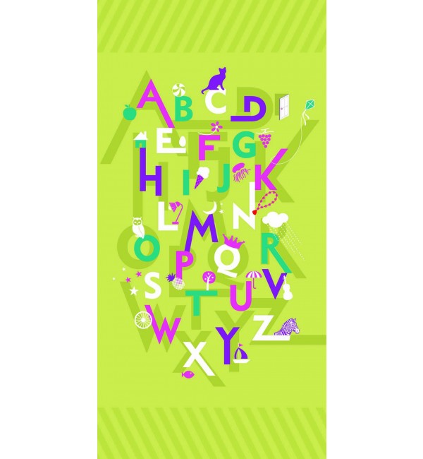 Multi-coloured alphabet pattern on decorative laminate with suede finish and whimsical illustrations on bright green