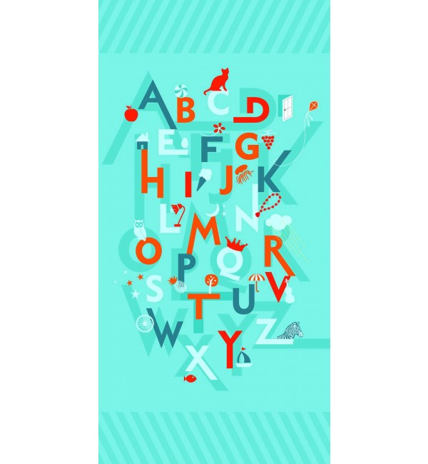 Green decorative laminate with alphabet pattern and illustrations, suede finish, visible texture and colorful design