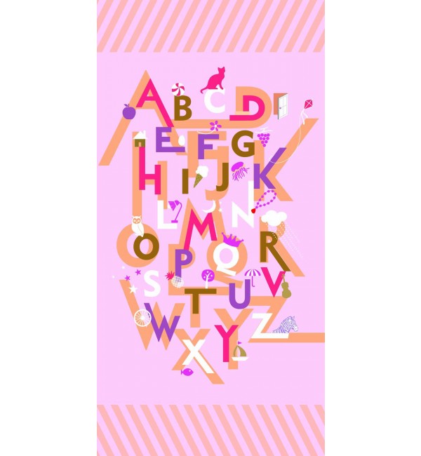 Multi-coloured alphabet pattern on glossy decorative laminate with various letters and icons on a pink background