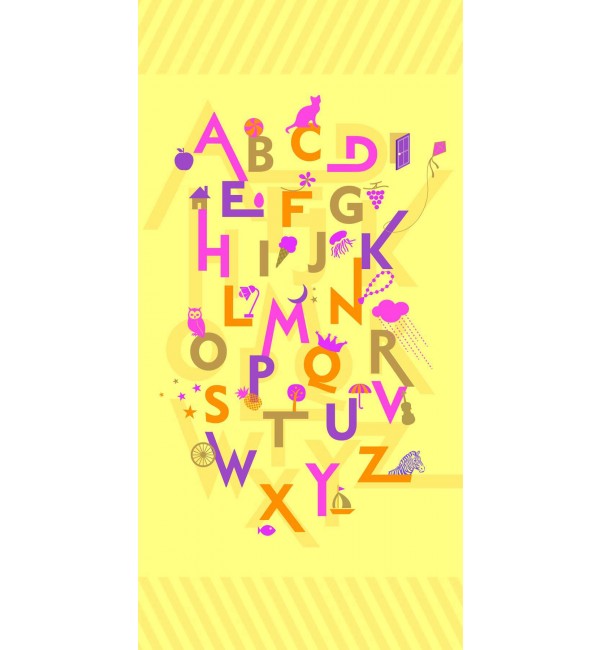 Multi-coloured alphabet pattern on yellow laminate with suede finish, decorative designer laminate with various letters and