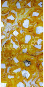 Yellow marble wall panel with textured finish and white veining, Euro Pratik logo visible in the center of the image.