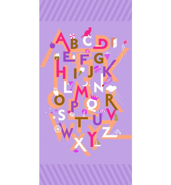 Multicolour alphabet pattern decorative laminate with suede finish and whimsical lettering design on purple background
