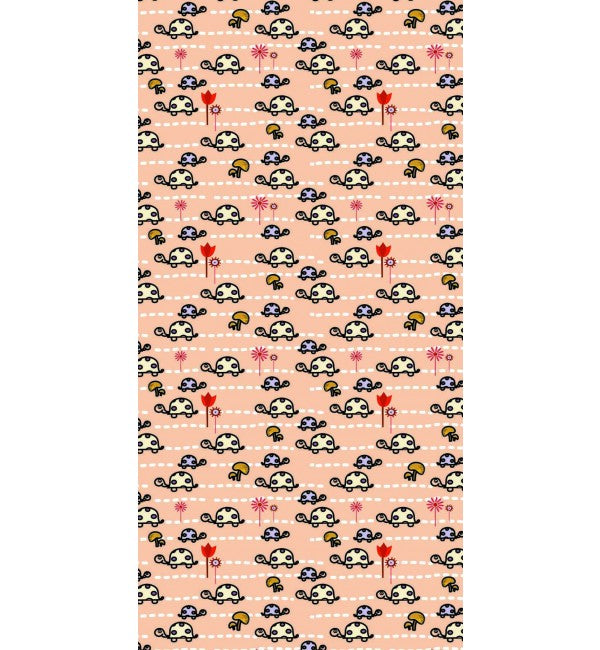 Multi-colour turtle pattern on suede finish decorative laminate with cartoon turtles and flowers on peach background