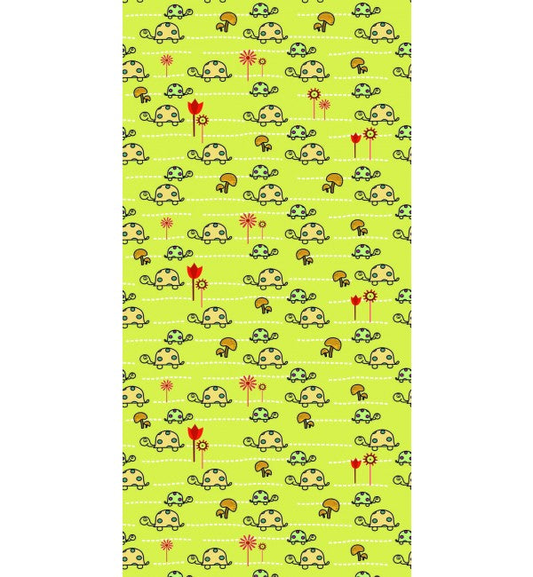 Multi-colour turtle pattern decorative laminate with high gloss finish and cartoon-style design on lime green background