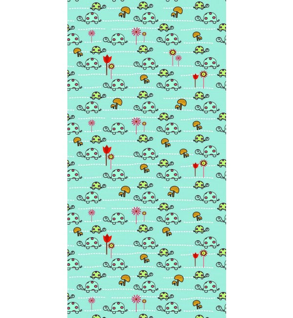 Multi-coloured turtle pattern on suede finish decorative laminate with cartoon turtles and flowers on turquoise background.