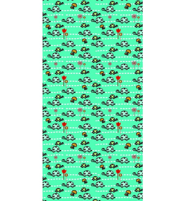 Multi-coloured turtles pattern on green laminate with high gloss finish and cartoon design elements in repeating sequence.