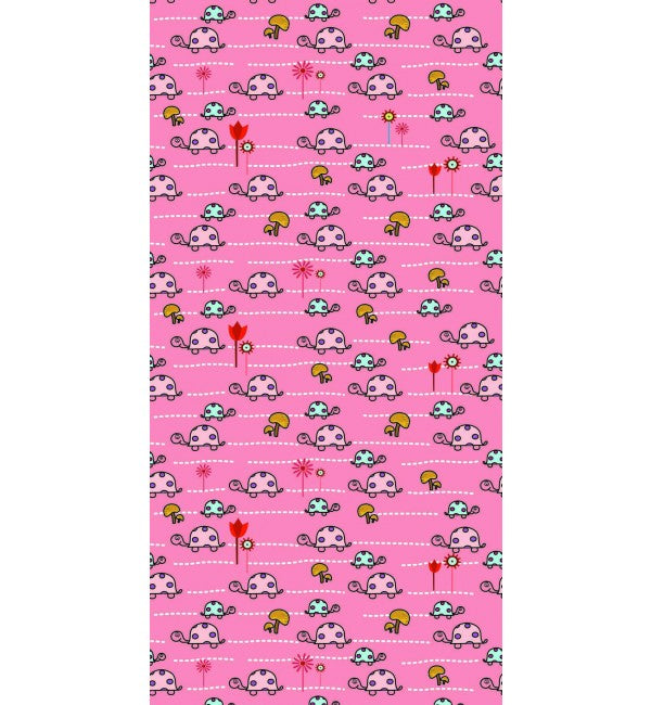 Multi-coloured turtles pattern on pink laminate with suede finish, decorative designer laminate sample showing cartoon