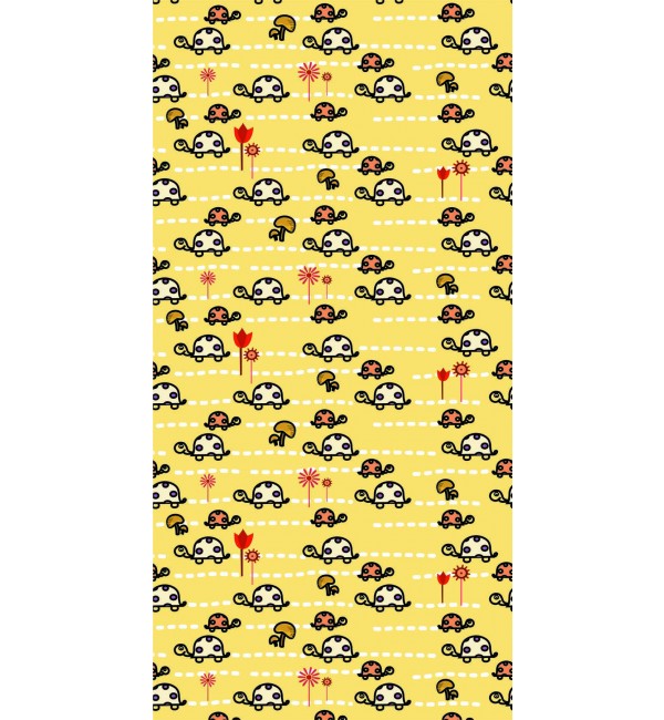 Yellow decorative laminate with cartoon turtles and flowers pattern, glossy finish, designer style.