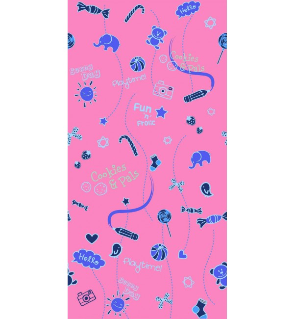 Pink decorative laminate with blue playful pattern, featuring cartoon elements and text, in high gloss finish.