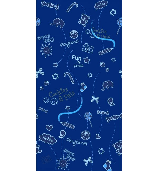 Blue high gloss decorative laminate with playful doodles and text, featuring toys, candy, and whimsical illustrations in