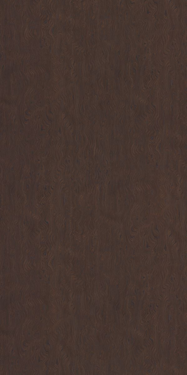 Brown wood grain decorative laminate with suede finish and wavy pattern, showing subtle texture and dark brown tones.
