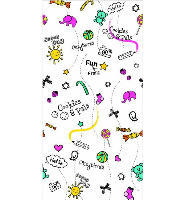 Multi-coloured playful doodle pattern on suede finish decorative laminate with cartoon elements and text on white background