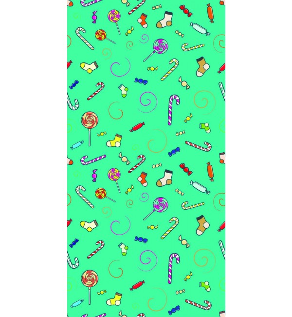 Multicolour candy pattern on green background high gloss decorative laminate with cartoon sweets and swirls design
