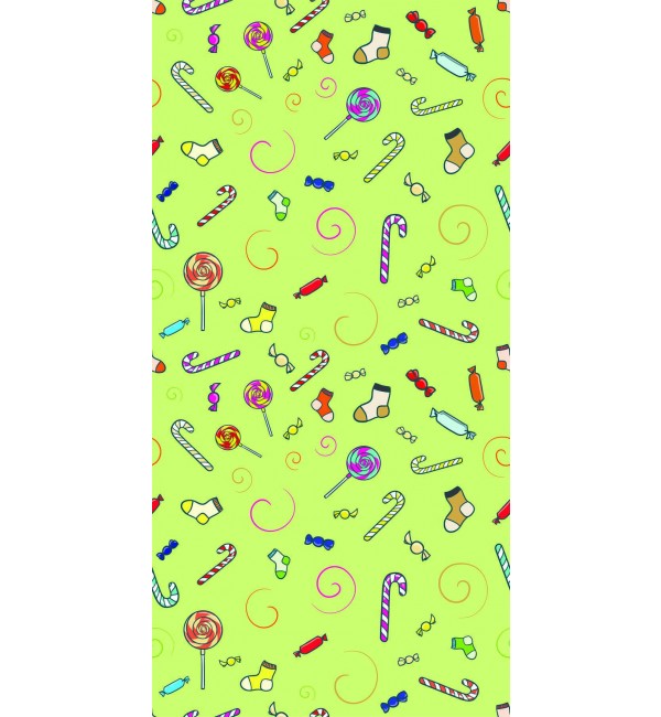 Multicolored candy pattern on green background, high gloss decorative laminate with cartoon sweets and swirls design.