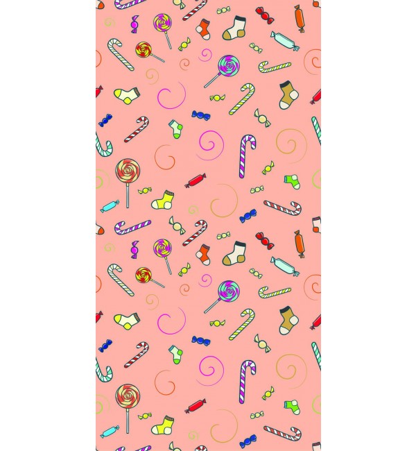 Pink candy pattern laminate with high gloss finish and colorful sweets design, swirls and candies in repeating pattern.
